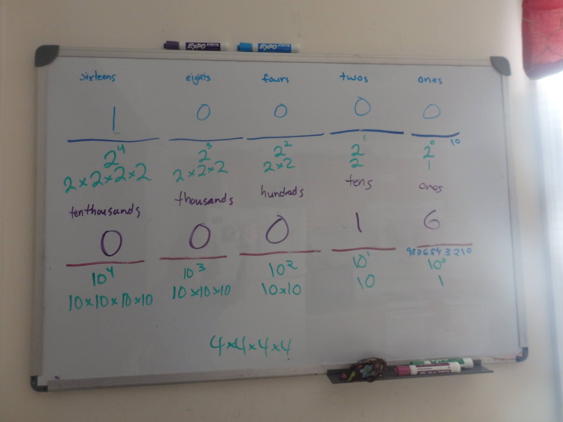 white board with 10000 in binary and 16 in decimal