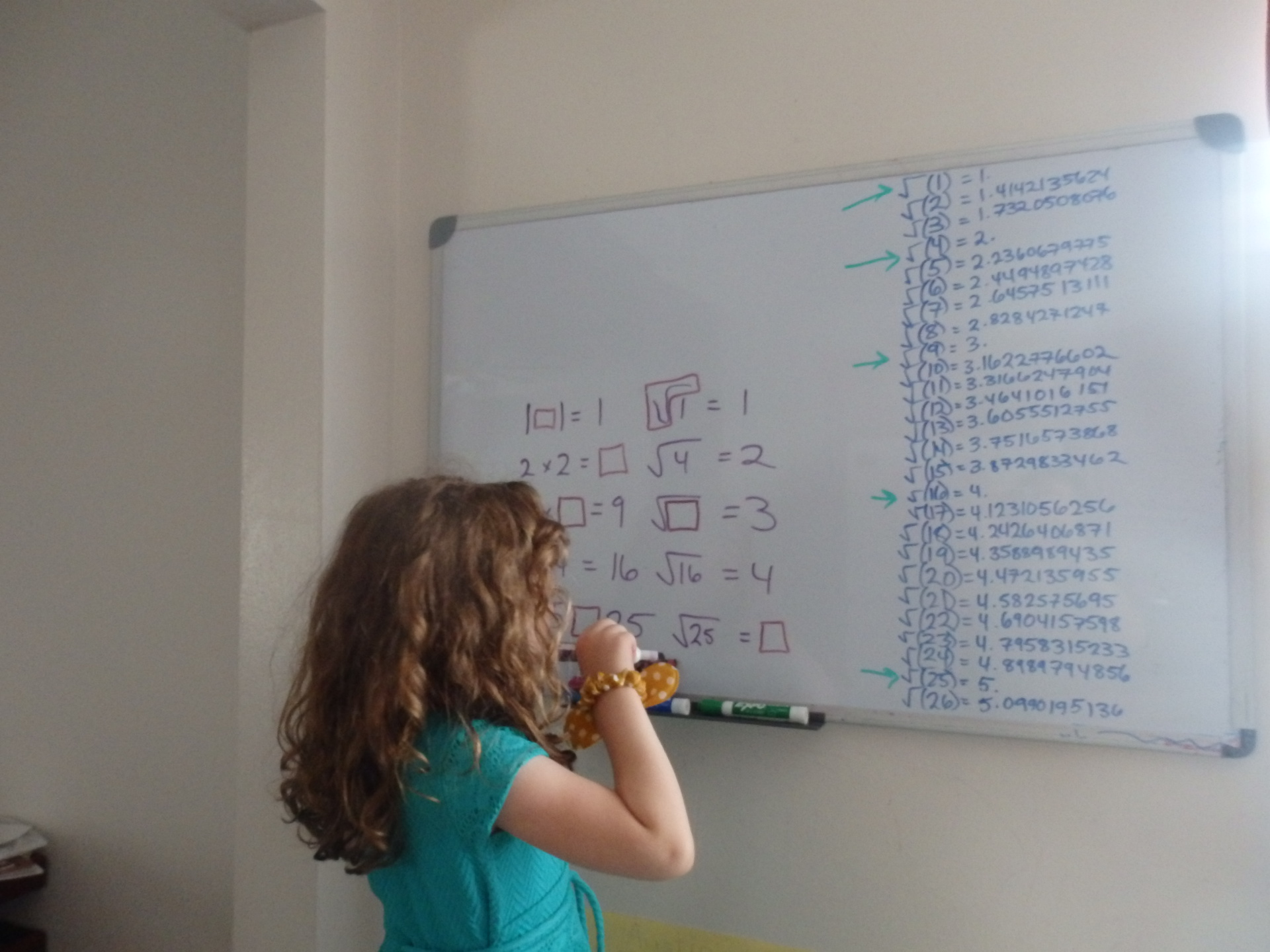 1^2=1, square root of 1=1, continued up to 5.  Some are erased and Heidi is filling in the erased numbers.