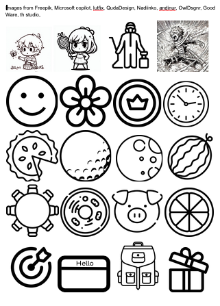 some icons depicting scratch skills, also a bunch of circle shaped objects like a cell, a clock, a watermelon