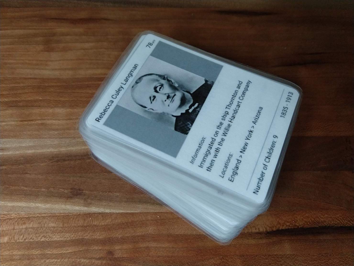 stack of laminated cards with a picture of an ancestor and details about their lives