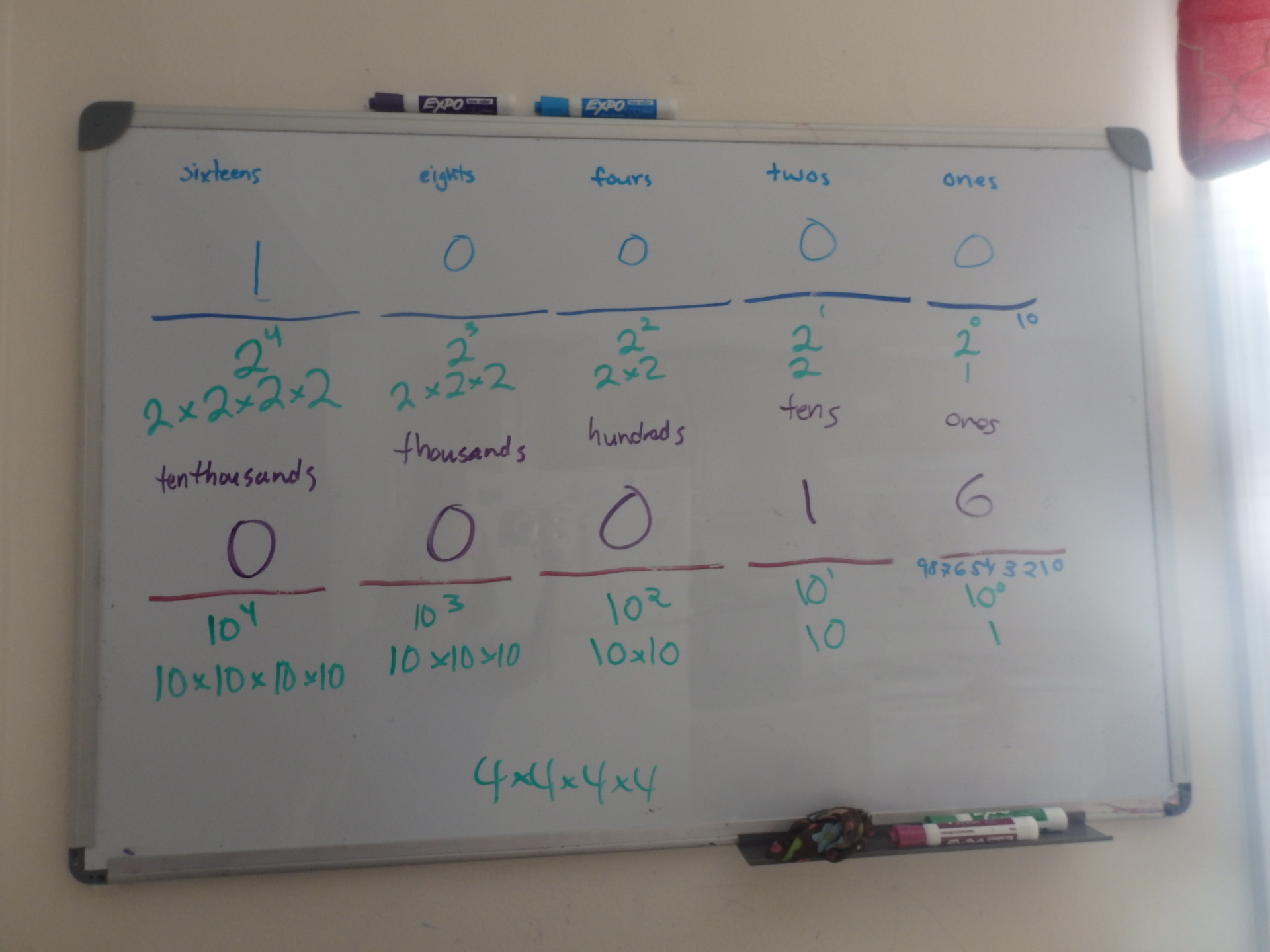 white board with 10000 in binary and 16 in decimal