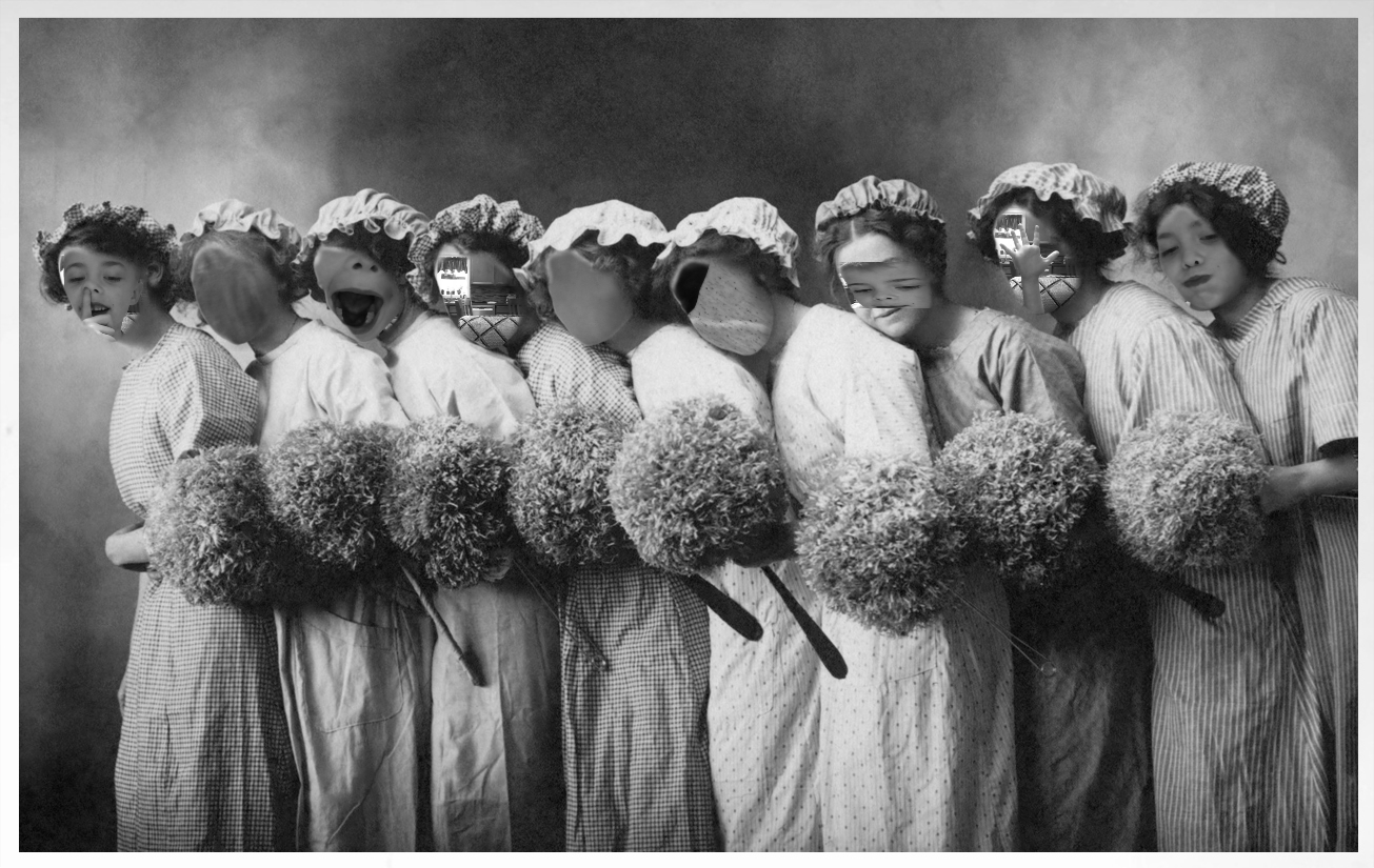 A photo of 8 old fashioned young women posing together with bouquets. Except the faces of the young women can be replaced with a photo of a face the user takes. My son took random pictures of himself. A huge mouth, a finger up his nose, silly things like that.