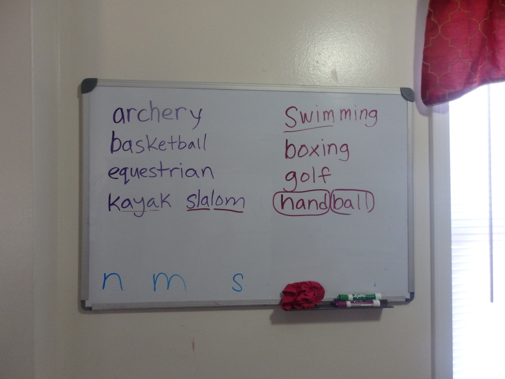 names of sports on the white board