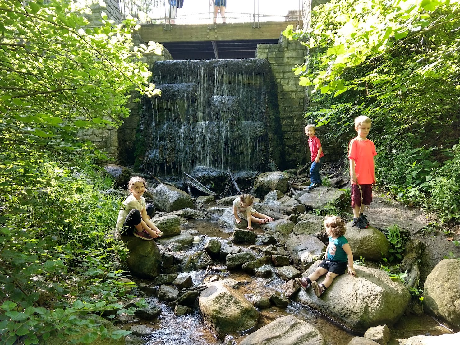 children sitting on rocks in a stream