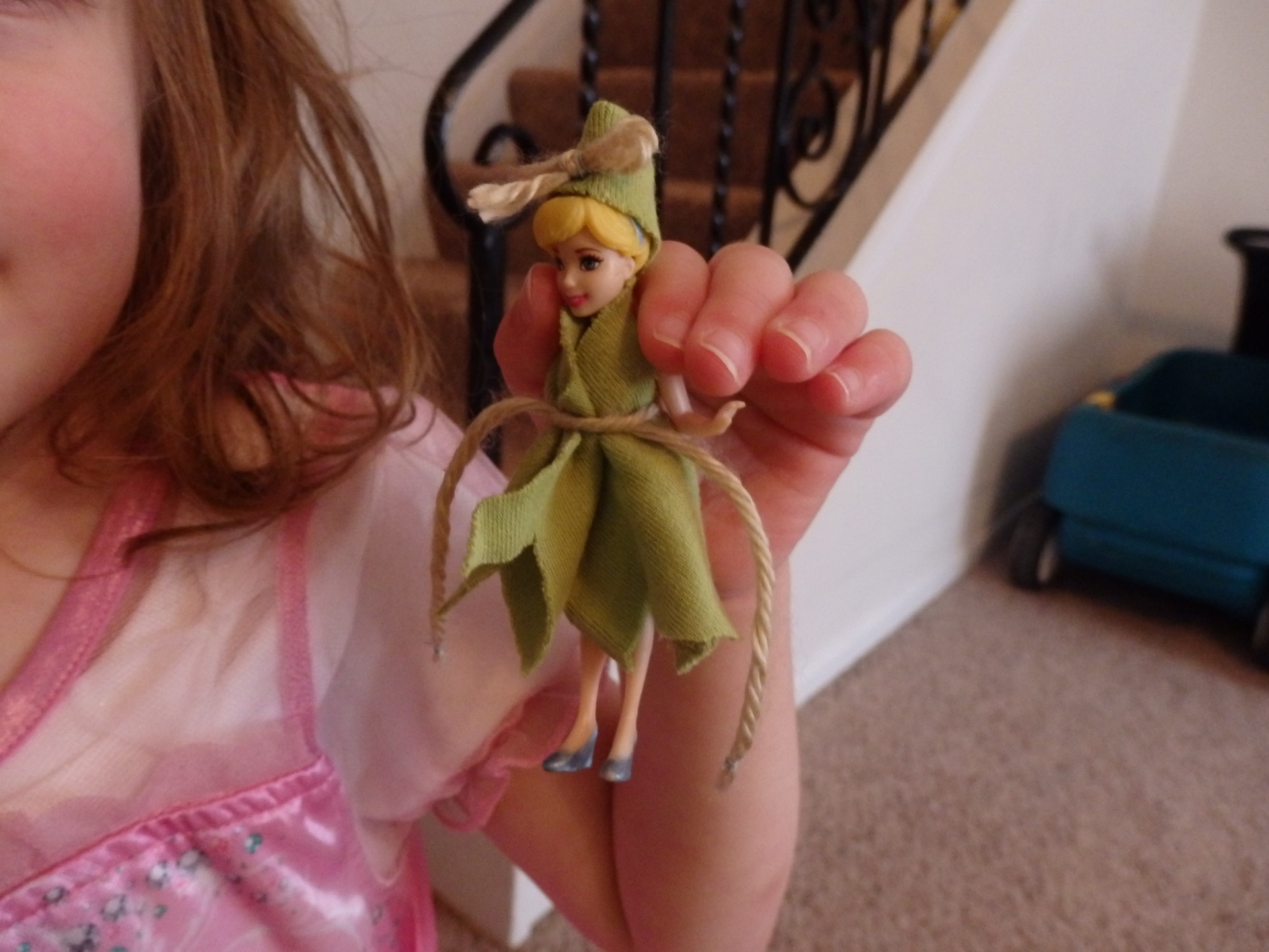 Cinderella doll dressed in homemade Tinkerbell dress